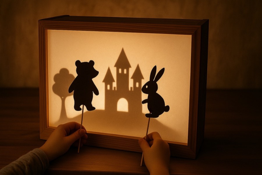 Сцена театра теней с фигурками и подсветкой